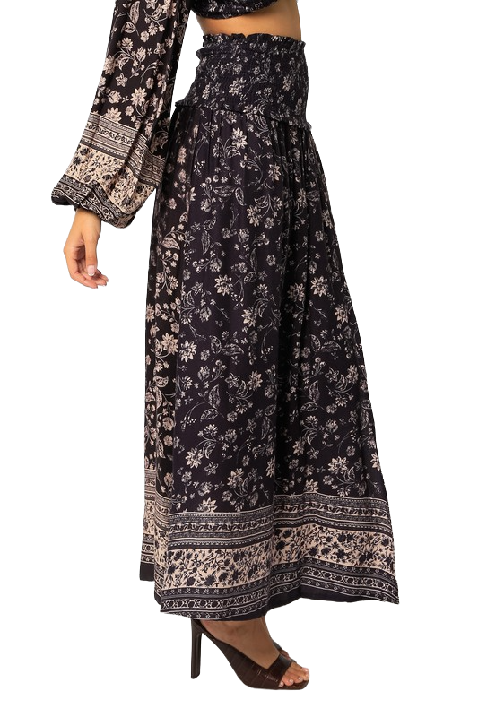 Olivaceous Midnight Bloom Smocked Midi | Indigo Floral Asymmetrical Skirt - Image 5