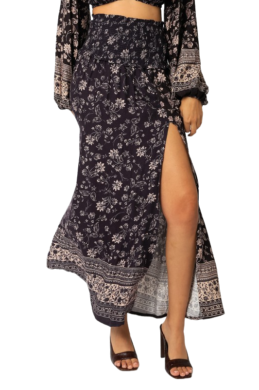 Olivaceous Midnight Bloom Smocked Midi | Indigo Floral Asymmetrical Skirt - Image 2