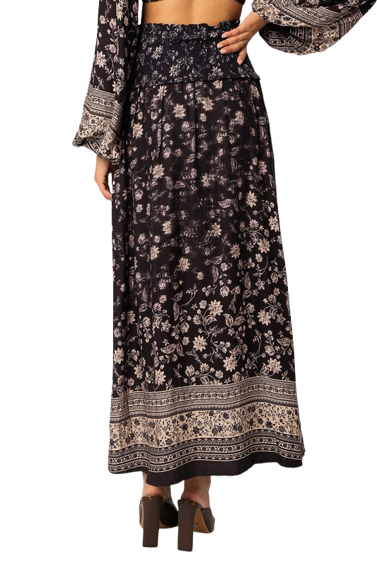 Olivaceous Midnight Bloom Smocked Midi | Indigo Floral Asymmetrical Skirt - Image 3