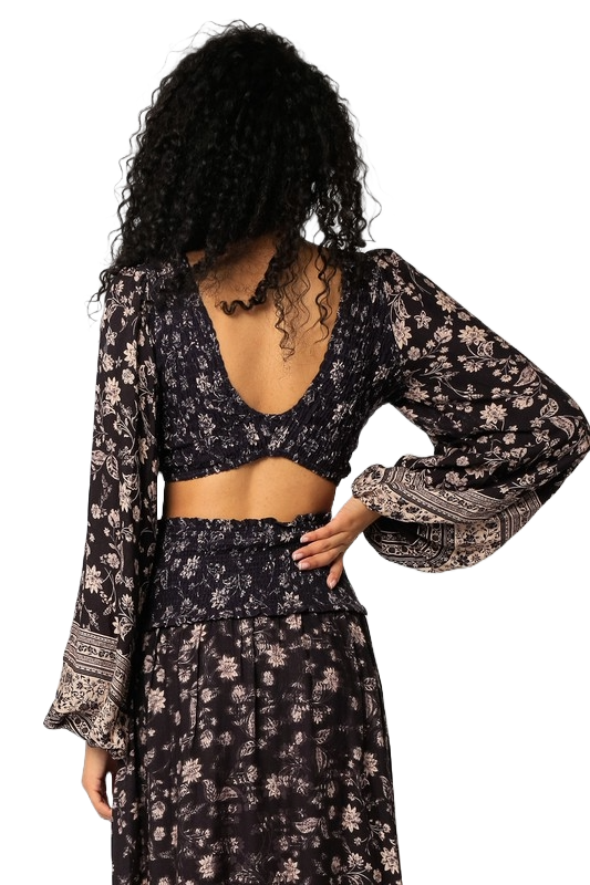 Olivaceous Midnight Bloom Smocked Crop | Indigo Floral Bohemian Muse - Image 3