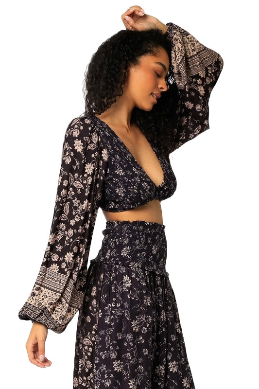 Olivaceous Midnight Bloom Smocked Crop | Indigo Floral Bohemian Muse - Image 2