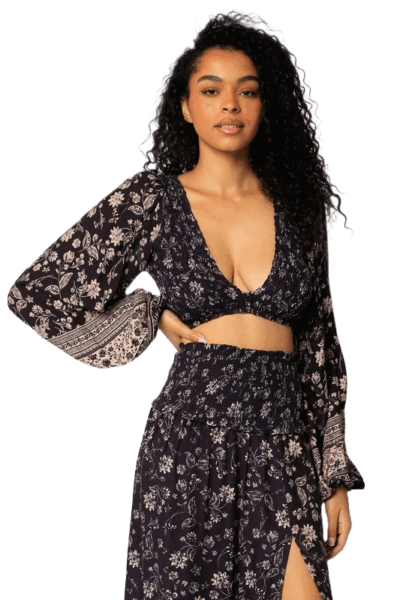 Olivaceous Indigo floral smocked crop top with balloon sleeves made from 100% rayon.