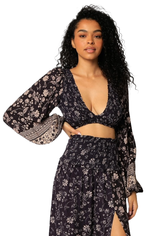Olivaceous Indigo floral smocked crop top with balloon sleeves made from 100% rayon.