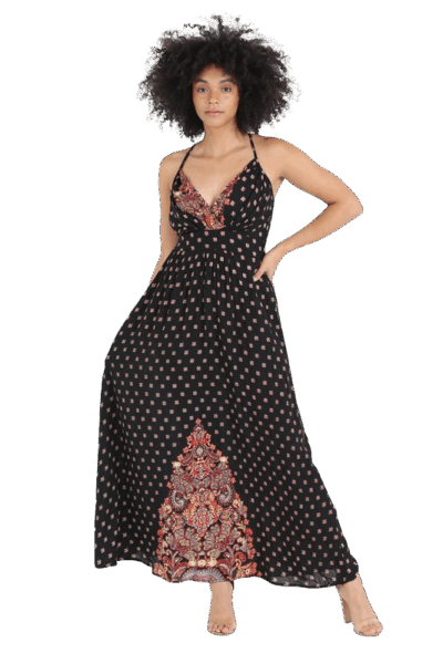 Angie Black Paisley Bohemian Maxi Dress B4Y27-W702