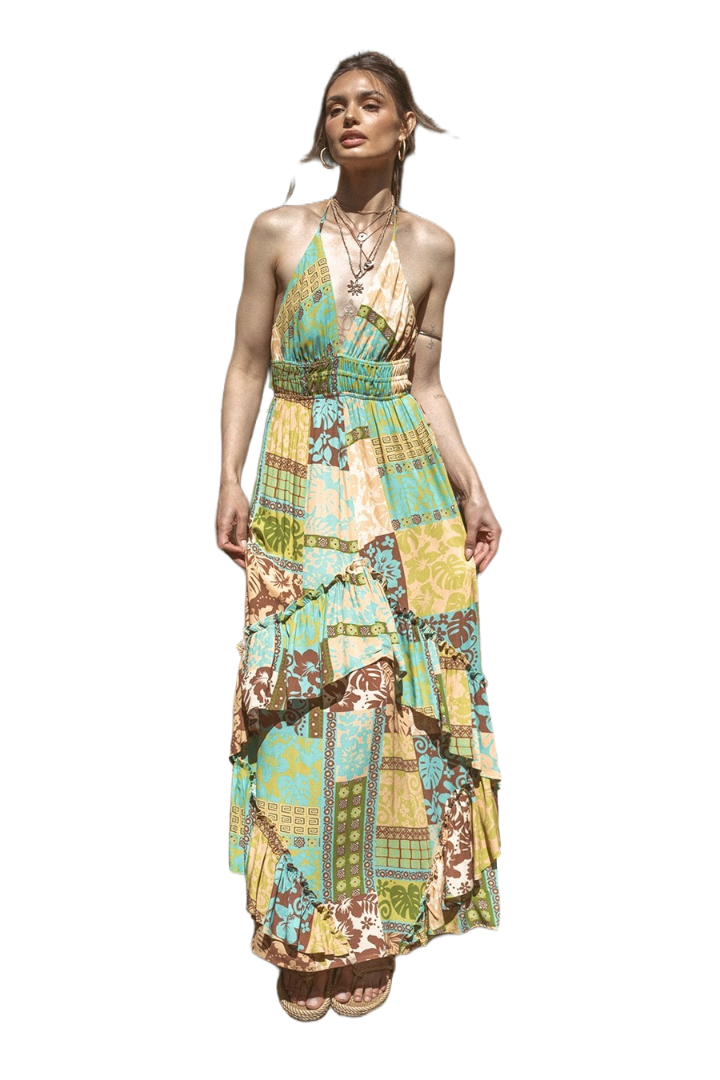 Moss and mocha patchwork halter maxi dress with tiered ruffle skirt