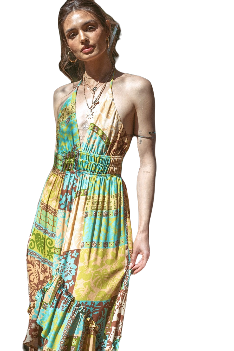 Illa Illa Moss & Mocha Patchwork Tiered Halter Maxi Dress | Earthbound Mosaic Muse - Image 5