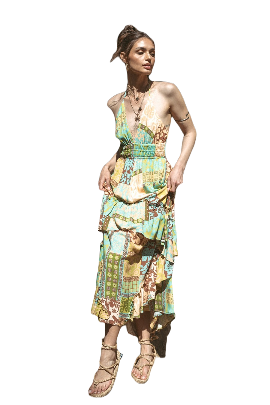 Illa Illa Moss & Mocha Patchwork Tiered Halter Maxi Dress | Earthbound Mosaic Muse - Image 3