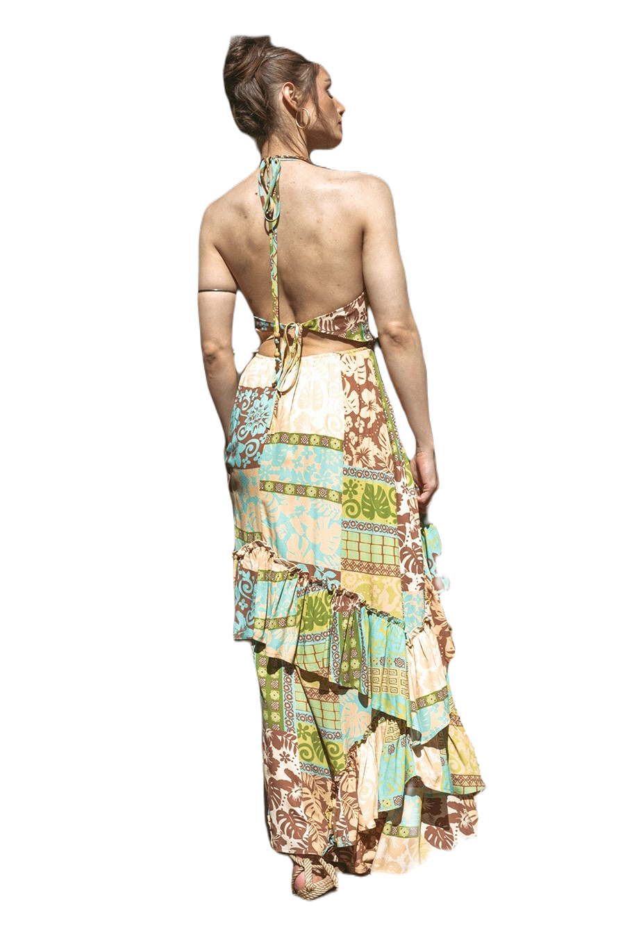 Illa Illa Moss & Mocha Patchwork Tiered Halter Maxi Dress | Earthbound Mosaic Muse - Image 4