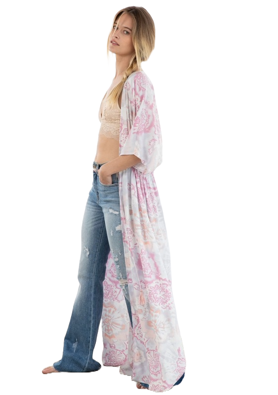 Lovestitch Pink Tie Dye Open Front Bohemian Kimono | Dawnpetal Drift - Image 3