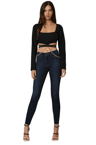 Black long‑sleeve cropped top with square neckline and silver‑tone chain waist detail.