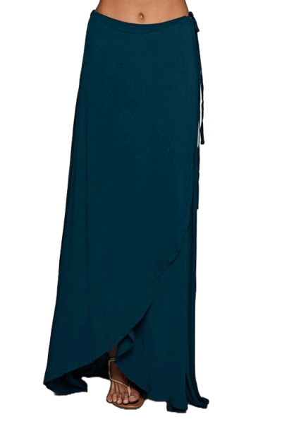 Peacock‑blue wrap maxi skirt with flowing drape and tie waist