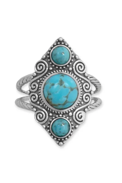 Oxidized sterling silver scroll ring with one 8.5mm turquoise stone and two 4.5mm side stones.