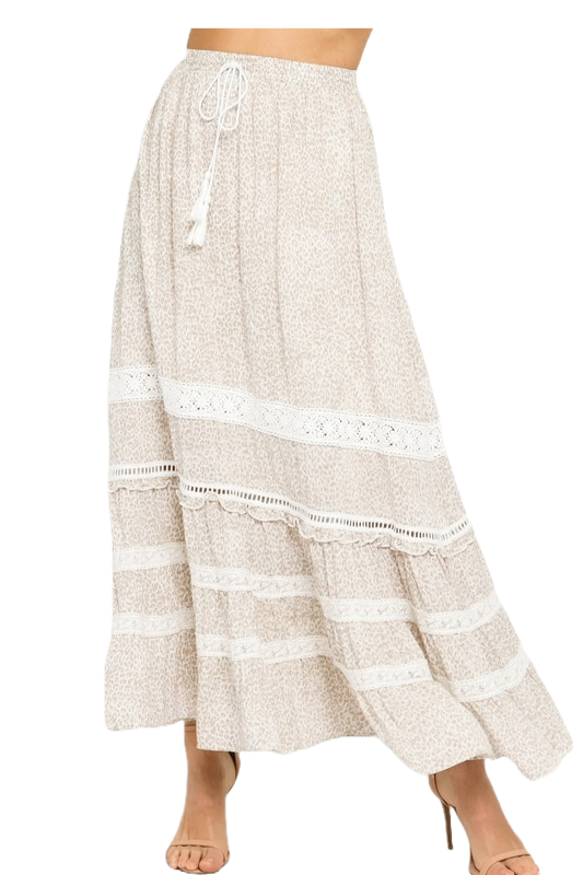 Beige leopard‑print tiered maxi skirt with crochet lace trim and tassel‑tie waist