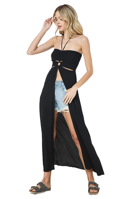 Black O‑ring halter maxi top with ruched bodice, waist cutouts, and split front overlay