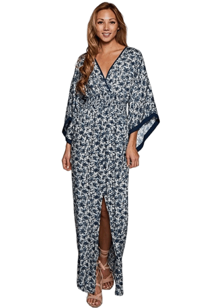 Lovestitch Blue Floral Kimono Maxi Dress I-70887W-PEA