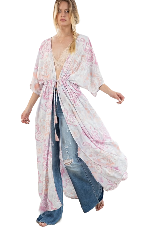 Pink tie‑dye open‑front kimono with tassel waist tie and flowing sleeves.