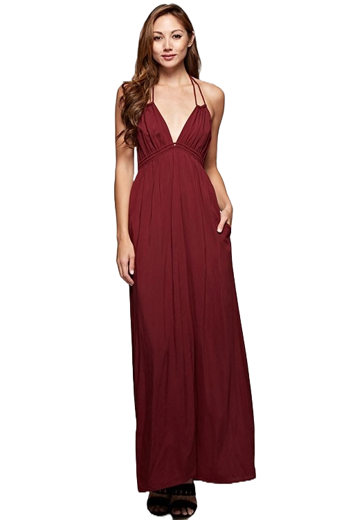 Merlot halter maxi dress with braided empire detail and deep V neckline