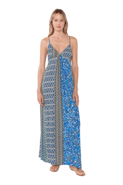 Blue mixed‑print metallic halter maxi dress with deep V neckline and empire waist