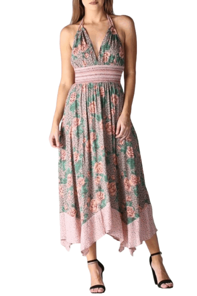 Pink Floral Hanky Hem Halter Dress F4C85-A678-A679