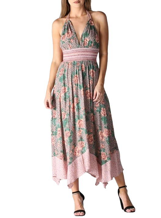 Pink floral halter dress with smocked waist and flowing hanky hemline