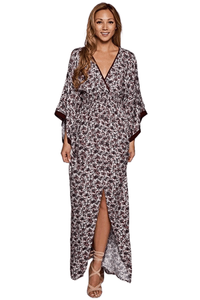 Maroon floral kimono‑sleeve maxi dress with smocked waist and front slit