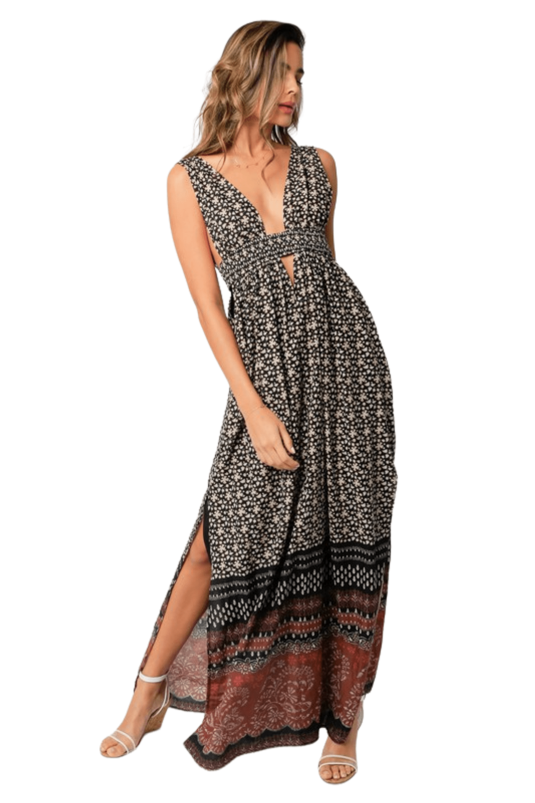 Black mixed‑print cut‑out maxi dress with deep V neckline and side slit