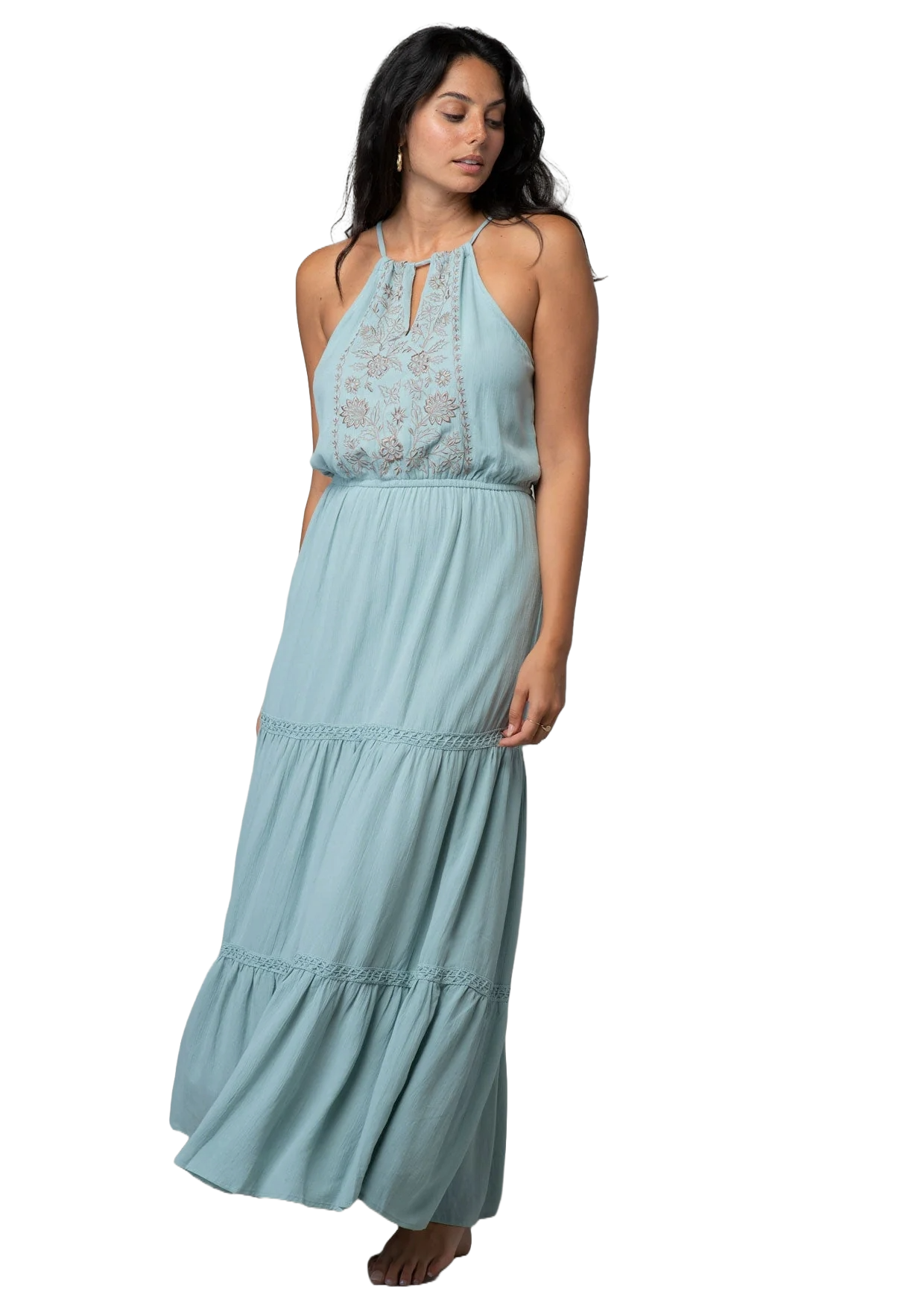 Seafoam embroidered halter maxi dress with keyhole neckline and tiered skirt