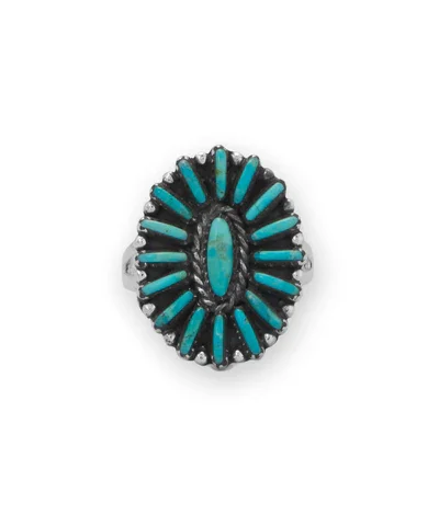 Oxidized .925 Sterling Silver Oval Turquoise Flower Ring 84022