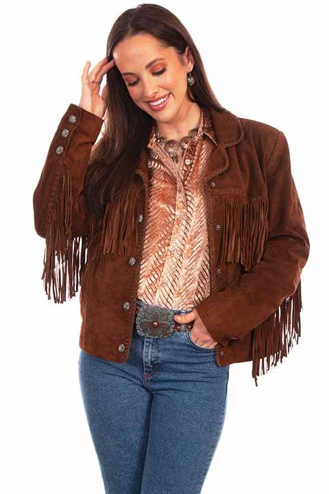 Cafe Brown genuine suede fringed jacket with hand‑laced detailing and contrast stitching.