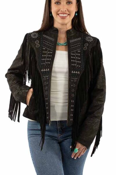 Black genuine‑leather fringed jacket with cosmic embroidery and metal accents.