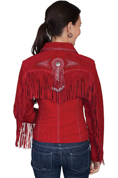 Red genuine‑suede fringed jacket with beaded medallion and flame‑script embroidery.