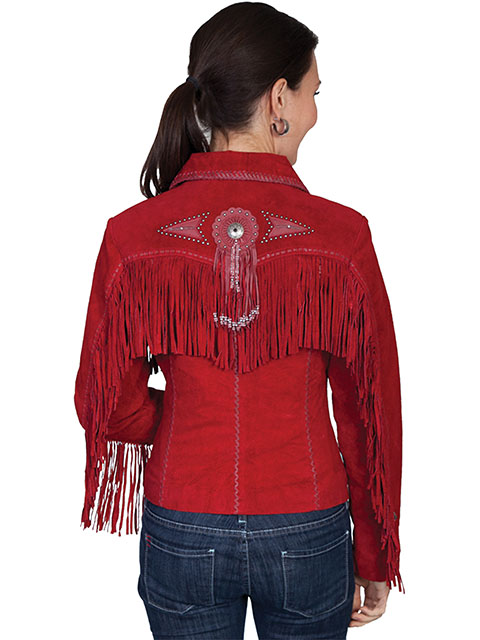 Red genuine‑suede fringed jacket with beaded medallion and flame‑script embroidery.