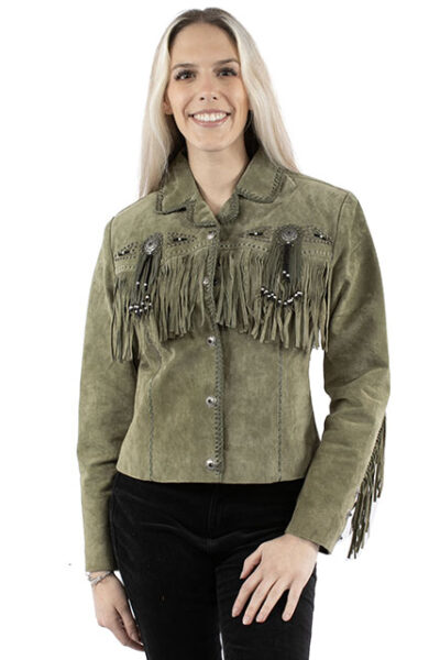 Olive‑green genuine suede fringed jacket with conchos and beaded detailing.