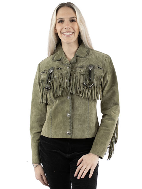 Olive‑green genuine suede fringed jacket with conchos and beaded detailing.