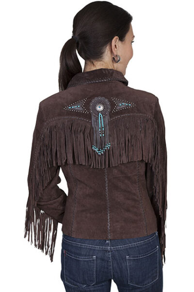 Chocolate‑brown genuine suede fringed jacket with turquoise beadwork and silver conchos.