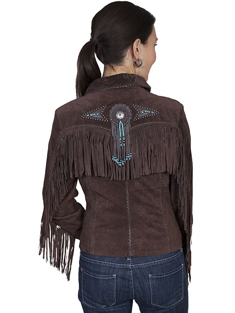 Chocolate‑brown genuine suede fringed jacket with turquoise beadwork and silver conchos.