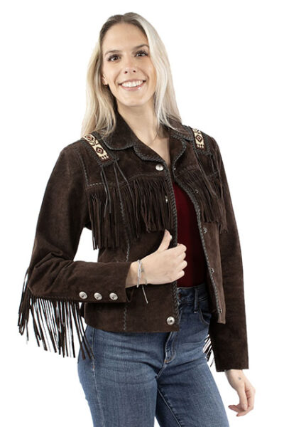 Espresso‑brown genuine suede fringed jacket with beadwork and hand‑laced trim.