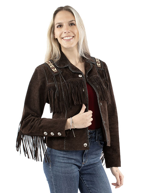 Espresso‑brown genuine suede fringed jacket with beadwork and hand‑laced trim.