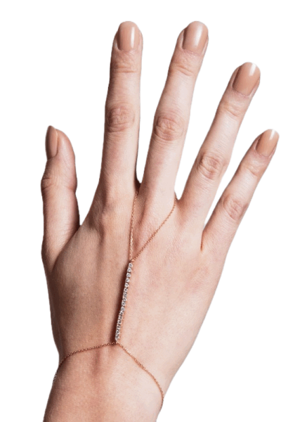 18K gold‑vermeil hand chain with CZ‑studded bar accent.