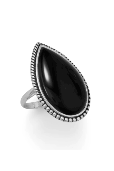 Oxidized sterling silver statement ring with polished onyx stone.