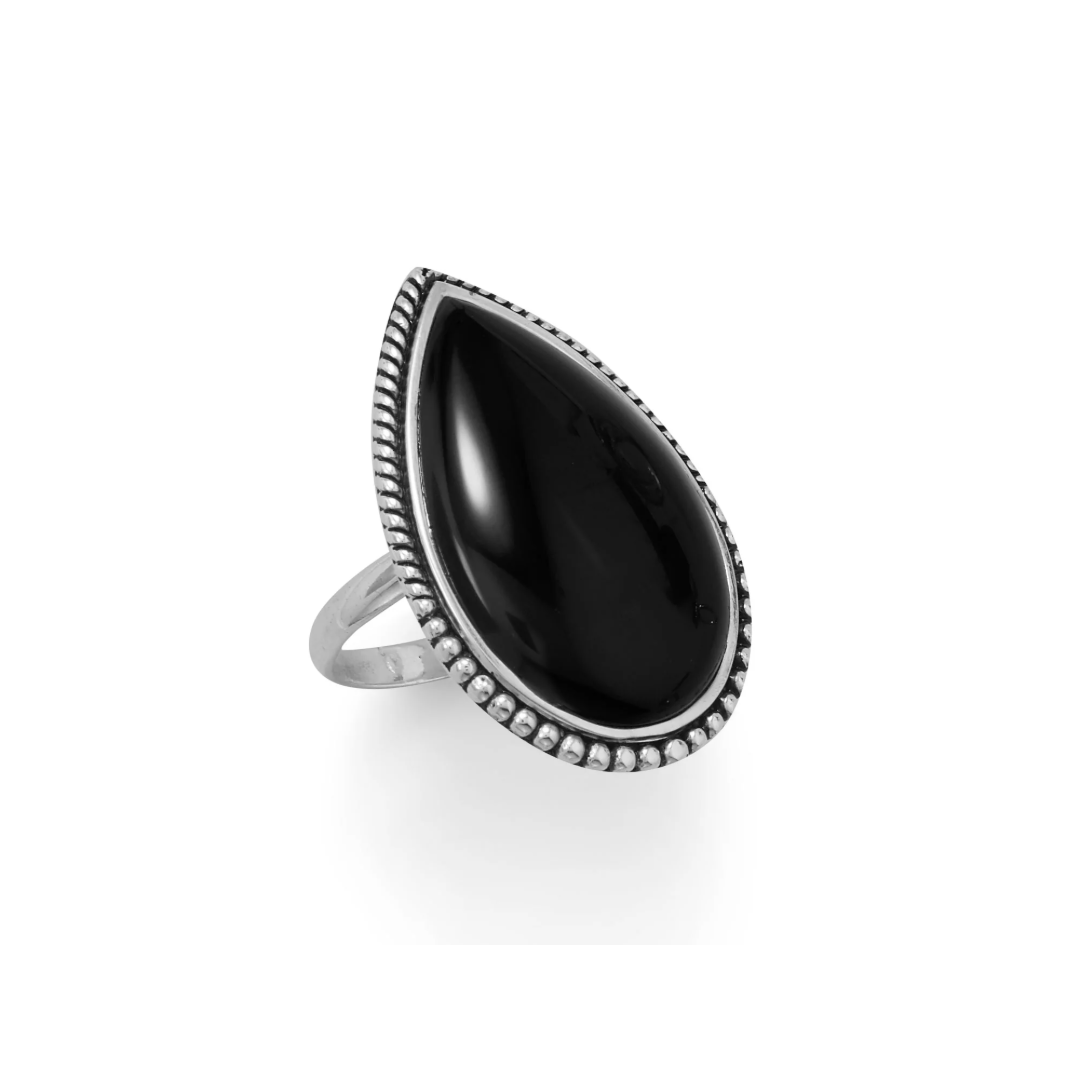 Oxidized sterling silver statement ring with polished onyx stone.