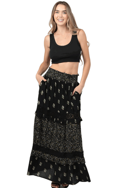 Angie Black Twin Print Lace Trim Bohemian Maxi Skirt B6B24-WA88-WA89
