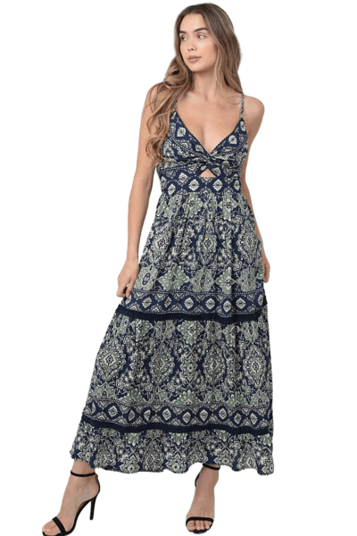 Angie Navy & Green V-Neck Twist Front Cut Out Lace Trim Maxi Dress F4F48-A902