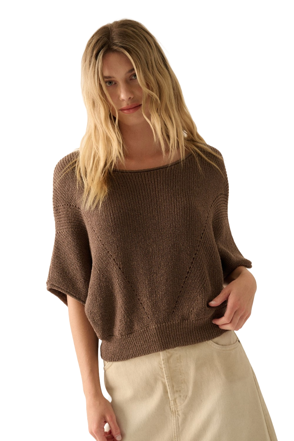 Promesa Espresso Solstice Pointelle Knit Sweater | Soft‑Brown Twilight Weave - Image 4