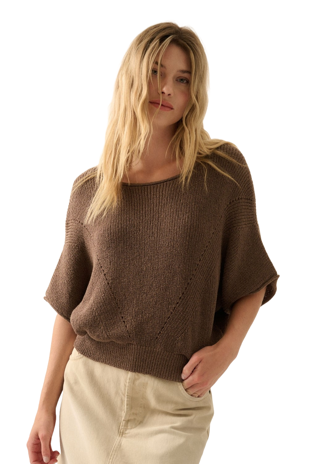 Promesa Espresso Solstice Pointelle Knit Sweater | Soft‑Brown Twilight Weave - Image 3