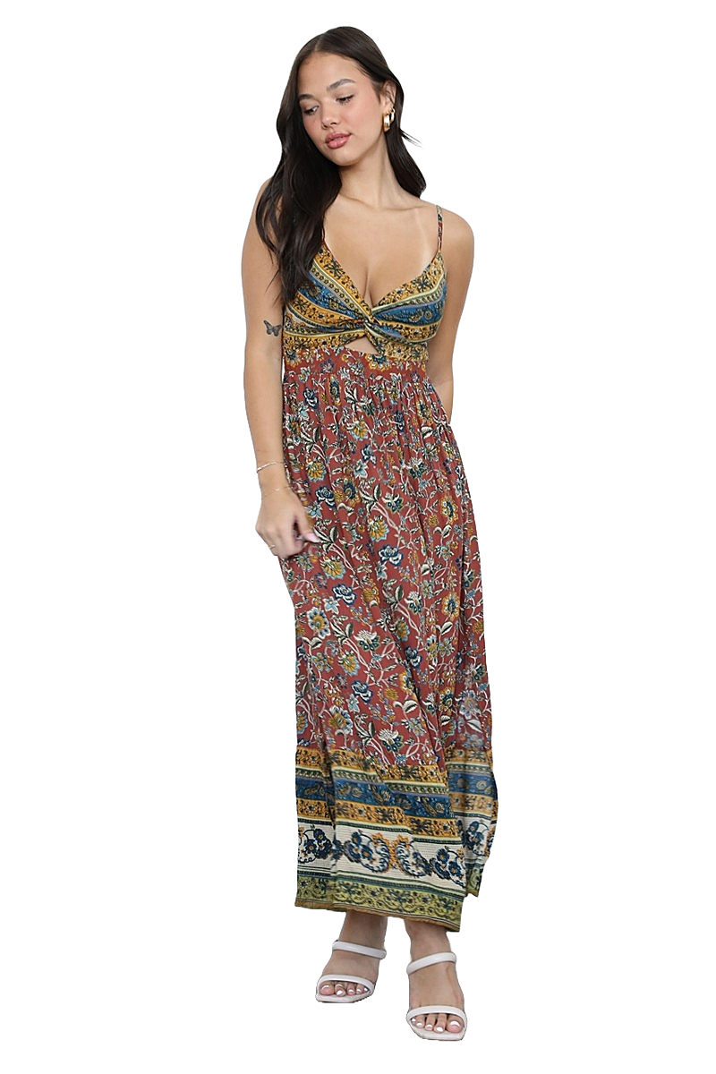 Clay and mustard border‑print twist‑front maxi dress with side slits and adjustable straps
