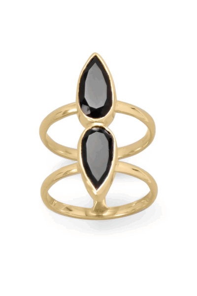 14K Gold Plated .925 Sterling Silver Double Pear Onyx Ring 83820