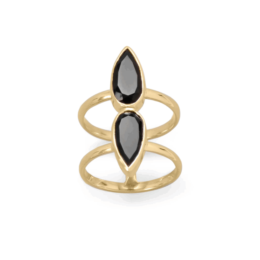14K gold‑vermeil ring with two polished onyx stones in an open‑front design.
