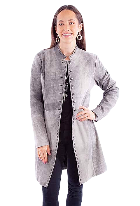 Grey genuine‑leather 3/4‑length coat with mandarin collar and studded detailing.