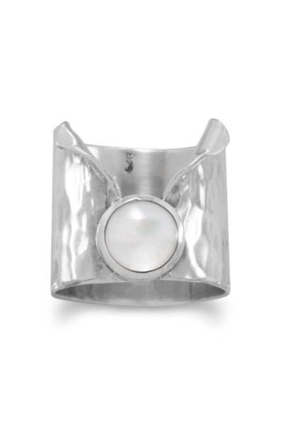 Hammered sterling silver statement ring with genuine Mother of Pearl.